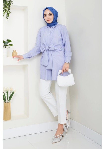 Çizgili Poplin Bağlamalı Gömlek - Mavi / Ü103