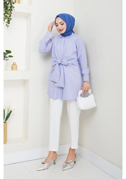 Çizgili Poplin Bağlamalı Gömlek - Mavi / Ü103 fiyatları