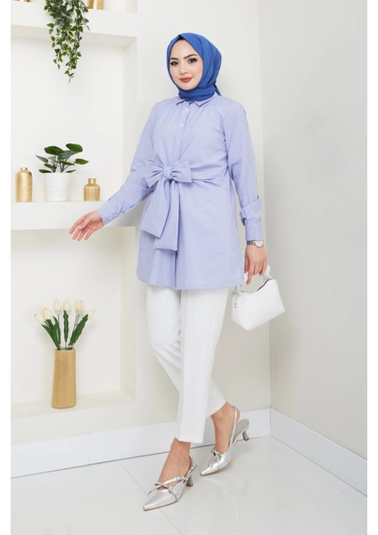 Çizgili Poplin Bağlamalı Gömlek - Mavi / Ü103 modelleri