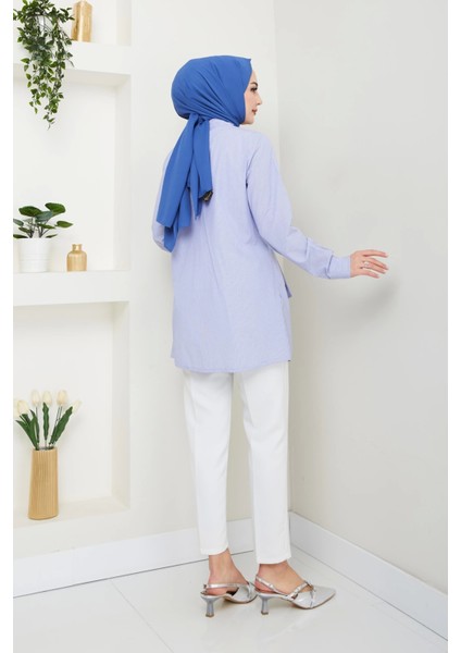 Çizgili Poplin Bağlamalı Gömlek - Mavi / Ü103 fırsatları