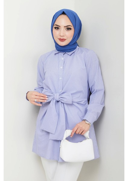 Çizgili Poplin Bağlamalı Gömlek - Mavi / Ü103 indirimleri