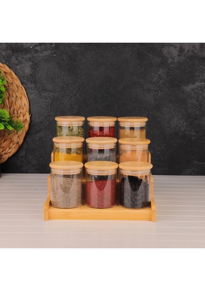 Bambu Raflı Bambu Kapaklı 9'lu Baharatlık Seti (10 Parça)