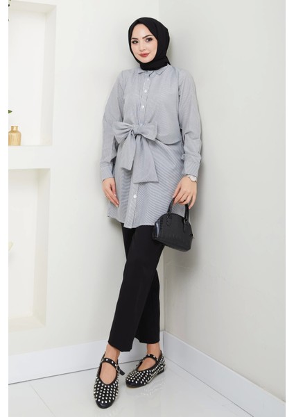 Çizgili Poplin Bağlamalı Gömlek - Siyah / Ü103