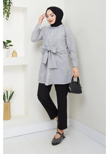 Çizgili Poplin Bağlamalı Gömlek - Siyah / Ü103