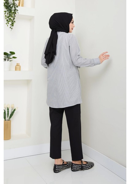 Çizgili Poplin Bağlamalı Gömlek - Siyah / Ü103