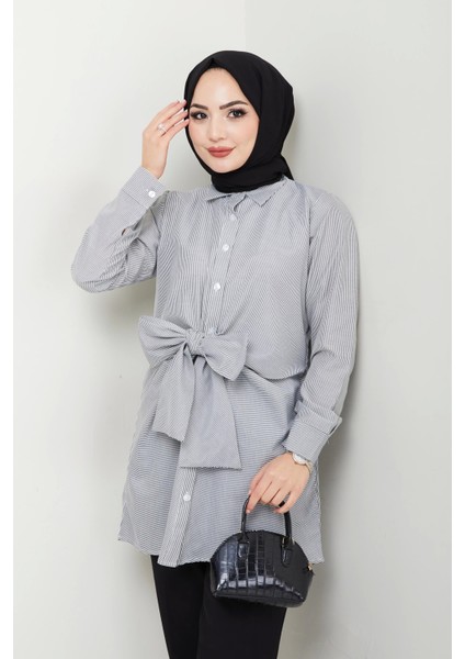 Çizgili Poplin Bağlamalı Gömlek - Siyah / Ü103