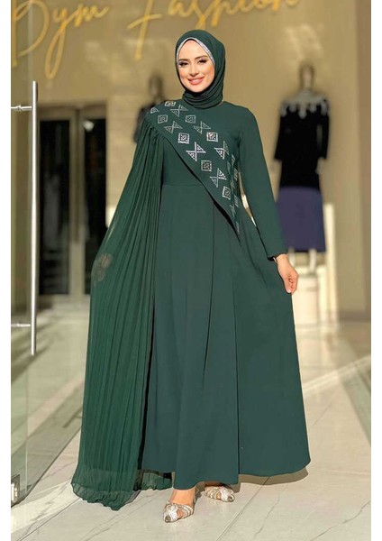 Pelerin Detaylı Elbise 3940 Zümrüt
