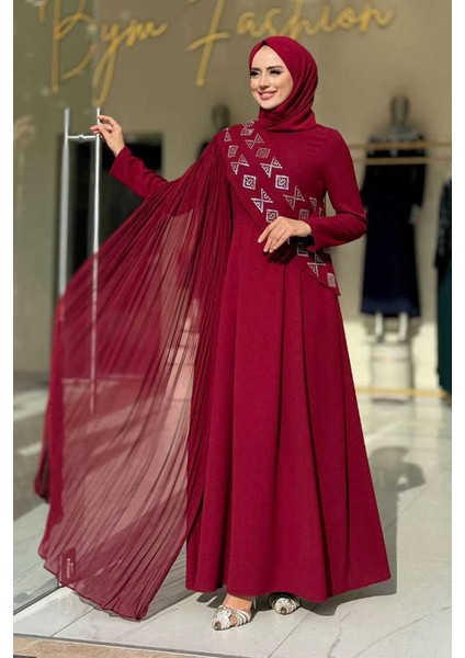 Pelerin Detaylı Elbise 3940 Bordo