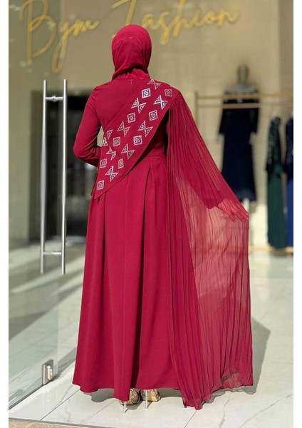 Pelerin Detaylı Elbise 3940 Bordo