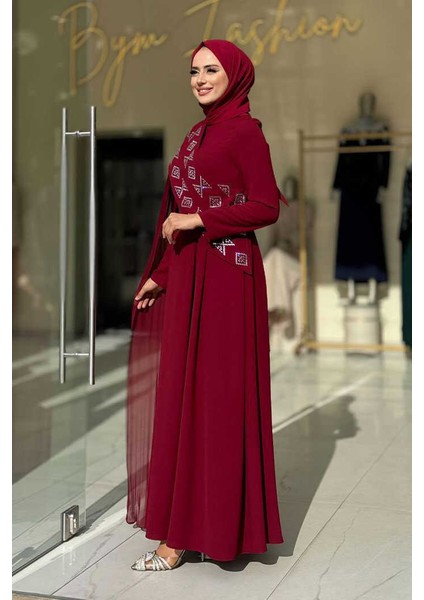 Pelerin Detaylı Elbise 3940 Bordo