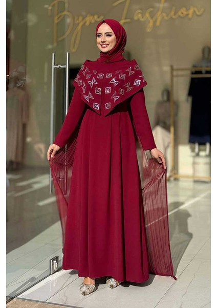 Pelerin Detaylı Elbise 3940 Bordo