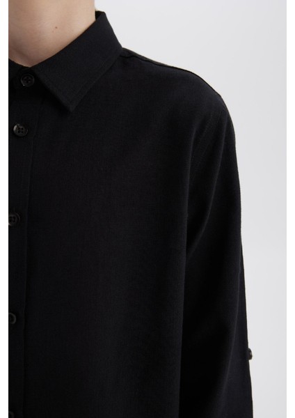 Erkek Çocuk Polo Yaka Keten Görünümlü Uzun Kollu Basic Düz Gömlek W3236A625SM