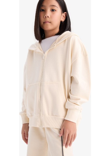 Kız Çocuk Kapüşonlu Basic Düz Cepli Fermuarlı Sweatshirt D9079A825SP