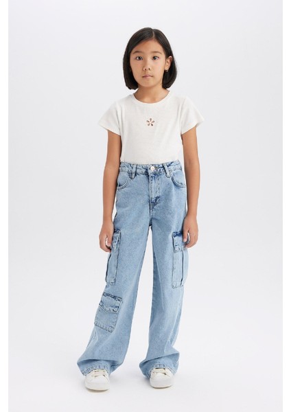 Kız Çocuk Wide Leg Kargo Geniş Paça Pamuklu Jean Pantolon D9694a825sp