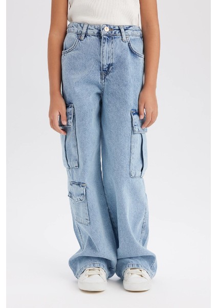 Kız Çocuk Wide Leg Kargo Geniş Paça Pamuklu Jean Pantolon D9694a825sp
