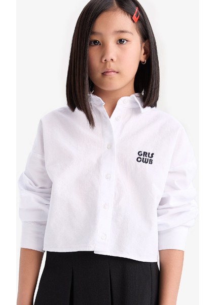 Kız Çocuk Cropped Fit Oxford Uzun Kollu Gömlek D9149A825SP