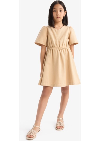 Kız Çocuk Standart Fit V Yaka Gabardin Kısa Kollu Elbise E2645A825SM