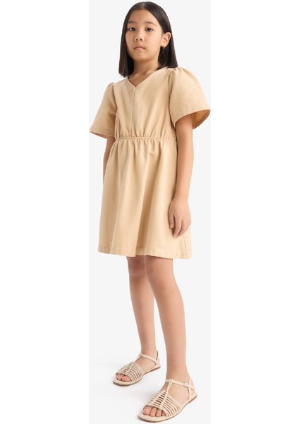 Kız Çocuk Standart Fit V Yaka Gabardin Kısa Kollu Elbise E2645A825SM