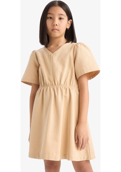 Kız Çocuk Standart Fit V Yaka Gabardin Kısa Kollu Elbise E2645A825SM