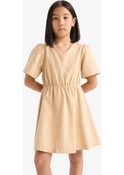Kız Çocuk Standart Fit V Yaka Gabardin Kısa Kollu Elbise E2645A825SM