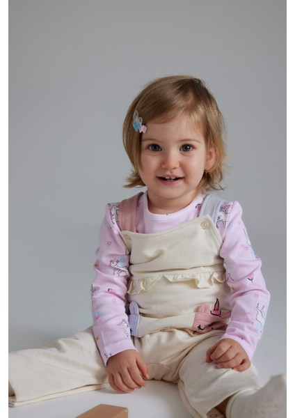 Kız Bebek 2'li Takım Unicorn Baskılı Sweatshirt Salopet Tulum E0487A525SP