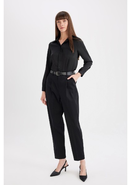 Carrot Fit Kemerli Klasik Pantolon Siyah Yüksek Bel Dar Paça Piliseli Basic Düz Kısa Paça D4282AX24AU