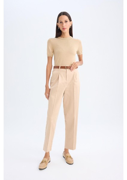 Carrot Fit Kemerli Klasik Pantolon Yüksek Bel Dar Paça Piliseli Basic Düz Kısa Paça D4282AX24AU