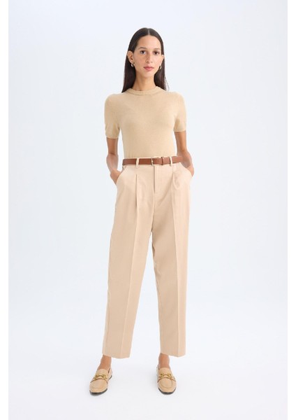 Carrot Fit Kemerli Klasik Pantolon Yüksek Bel Dar Paça Piliseli Basic Düz Kısa Paça D4282AX24AU