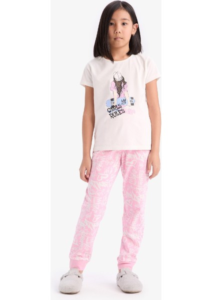 Kız Çocuk Pijama Takımı Bisiklet Yaka Baskılı Kısa Kollu Üst Uzun Alt E0540A825SM