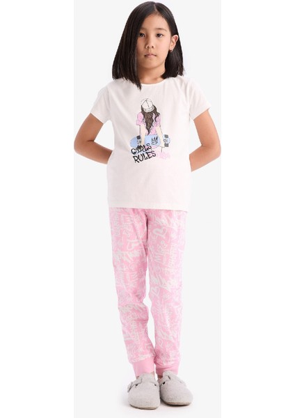 Kız Çocuk Pijama Takımı Bisiklet Yaka Baskılı Kısa Kollu Üst Uzun Alt E0540A825SM