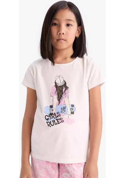 Kız Çocuk Pijama Takımı Bisiklet Yaka Baskılı Kısa Kollu Üst Uzun Alt E0540A825SM