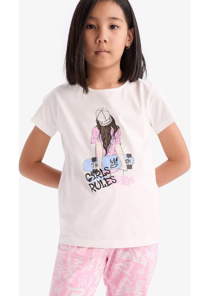 Kız Çocuk Pijama Takımı Bisiklet Yaka Baskılı Kısa Kollu Üst Uzun Alt E0540A825SM