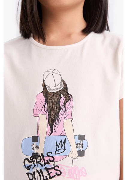 Kız Çocuk Pijama Takımı Bisiklet Yaka Baskılı Kısa Kollu Üst Uzun Alt E0540A825SM