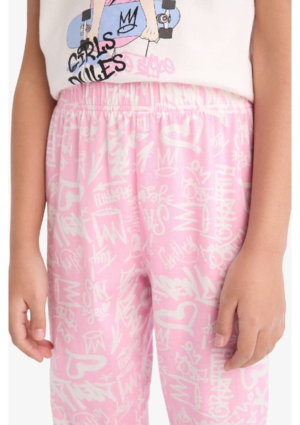 Kız Çocuk Pijama Takımı Bisiklet Yaka Baskılı Kısa Kollu Üst Uzun Alt E0540A825SM