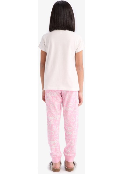 Kız Çocuk Pijama Takımı Bisiklet Yaka Baskılı Kısa Kollu Üst Uzun Alt E0540A825SM