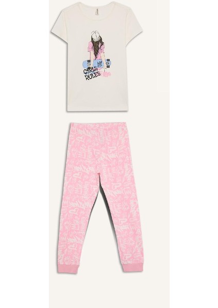 Kız Çocuk Pijama Takımı Bisiklet Yaka Baskılı Kısa Kollu Üst Uzun Alt E0540A825SM