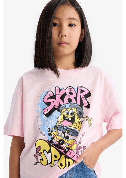 Kız Çocuk SpongeBob Oversize Geniş Kalıp Bisiklet Yaka Kısa Kollu Tişört D8830A825SP