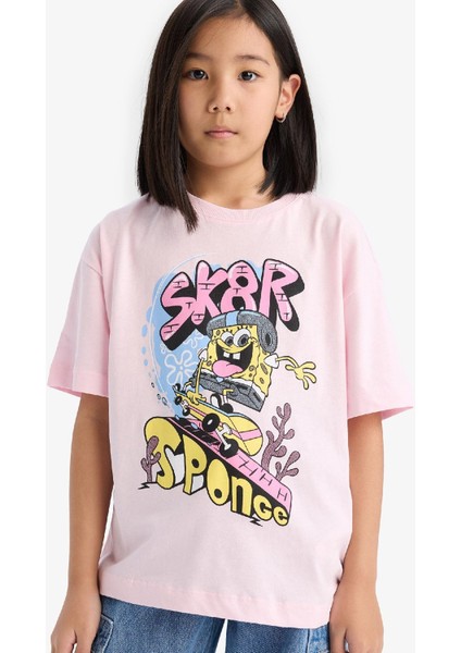 Kız Çocuk SpongeBob Oversize Geniş Kalıp Bisiklet Yaka Kısa Kollu Tişört D8830A825SP
