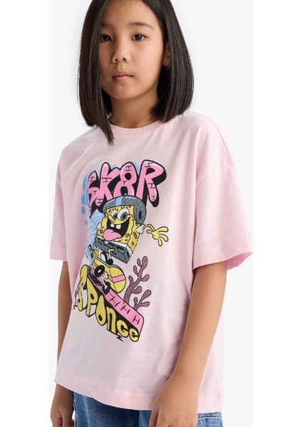 Kız Çocuk SpongeBob Oversize Geniş Kalıp Bisiklet Yaka Kısa Kollu Tişört D8830A825SP