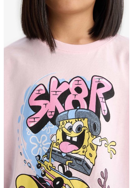 Kız Çocuk SpongeBob Oversize Geniş Kalıp Bisiklet Yaka Kısa Kollu Tişört D8830A825SP