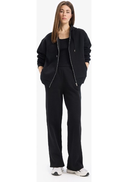 Siyah Okula Dönüş Relax Fit Kapüşonlu Kalın Basic Düz Cepli Fermuarlı Sweatshirt D8717AX24WN