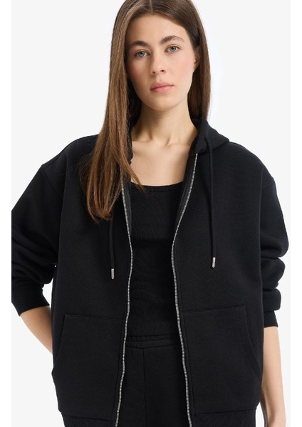 Siyah Okula Dönüş Relax Fit Kapüşonlu Kalın Basic Düz Cepli Fermuarlı Sweatshirt D8717AX24WN