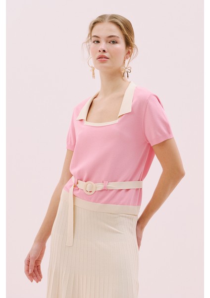 Kare Yaka Beli Kemerli Triko Bluz Pembe- Ekru Y2571003_386