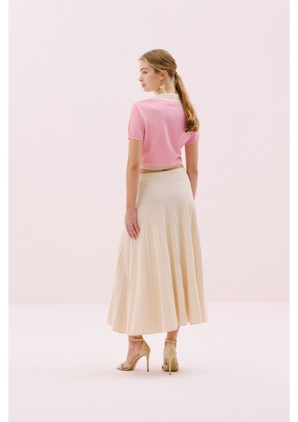 Kare Yaka Beli Kemerli Triko Bluz Pembe- Ekru Y2571003_386 fiyatları