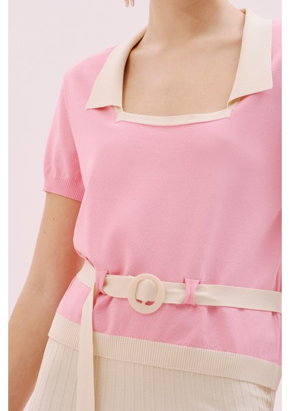 Kare Yaka Beli Kemerli Triko Bluz Pembe- Ekru Y2571003_386 modelleri