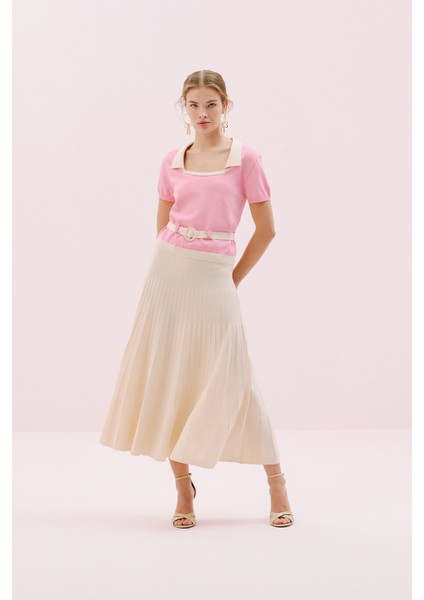 Kare Yaka Beli Kemerli Triko Bluz Pembe- Ekru Y2571003_386 fırsatları