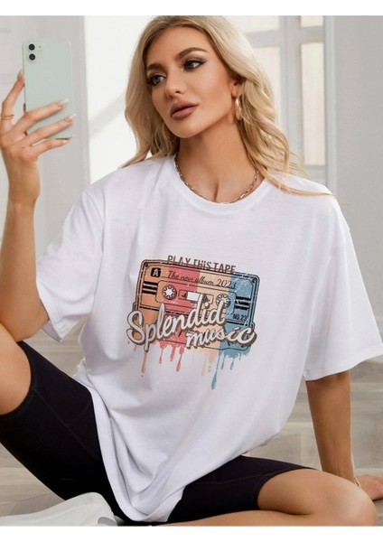 Kadın / Kız Beyaz Oversize T-Shirt Splendid Music Baskılı modelleri