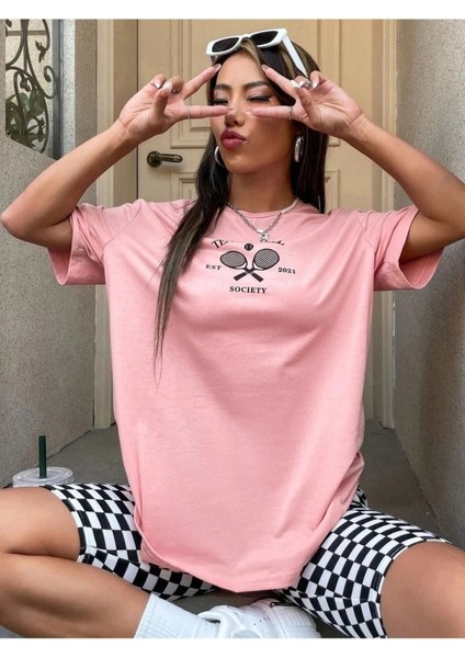 Pembe Kadın / Kız Tennis Ball Baskılı Oversize T-Shirt