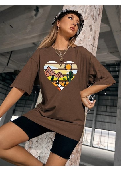 Life Baskılı Kadın / Kız Oversize Kahverengi T-Shirt