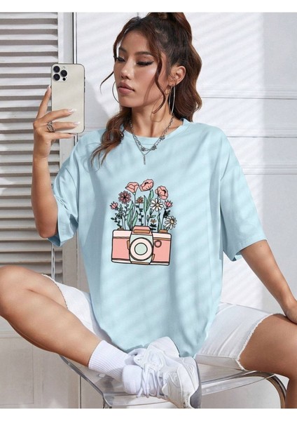 Kadın / Kız Fotoğraf Makinası Baskılı Oversize T-Shirt Salaş Boyfirend